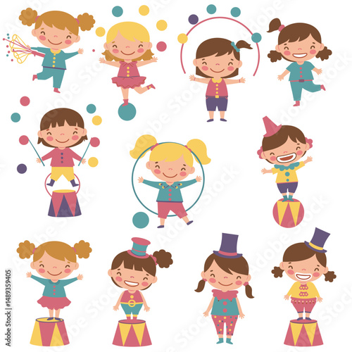 Children performing circus acts with colorful costumes and props  