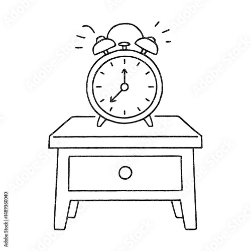 Alarm clock ringing on bedside table in minimalist line art style  