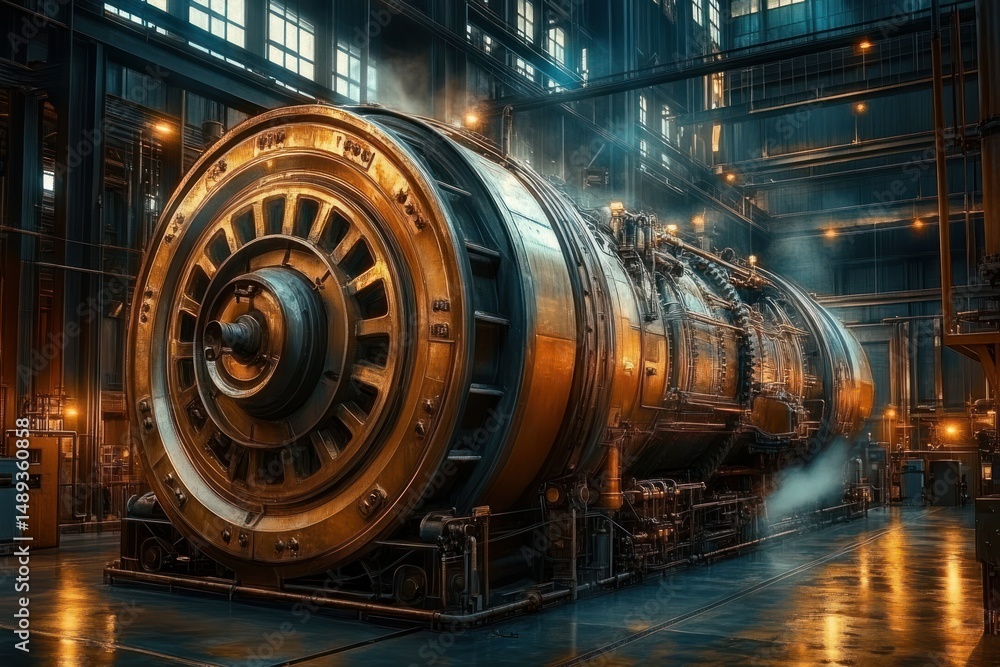 Large industrial steam turbine machine inside a spacious factory with warm lighting and metal structures emitting steam, showcasing heavy machinery and engineering environment Large industrial steam turbine machine inside a spacious factory with warm lighting and metal structures emitting steam, showcasing heavy machinery and engineering environment