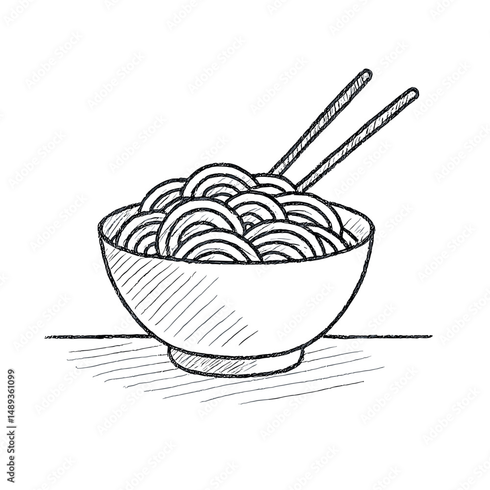 Bowl of noodles with chopsticks in simple sketch style - Concept of travel Bowl of noodles with chopsticks in simple sketch style - Concept of travel