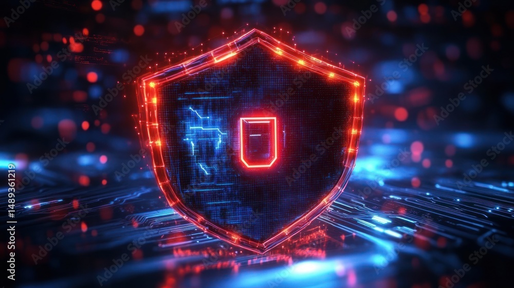 Glowing digital shield emitting red and blue light on a futuristic circuit board symbolizing cybersecurity and protection Glowing digital shield emitting red and blue light on a futuristic circuit board symbolizing cybersecurity and protection