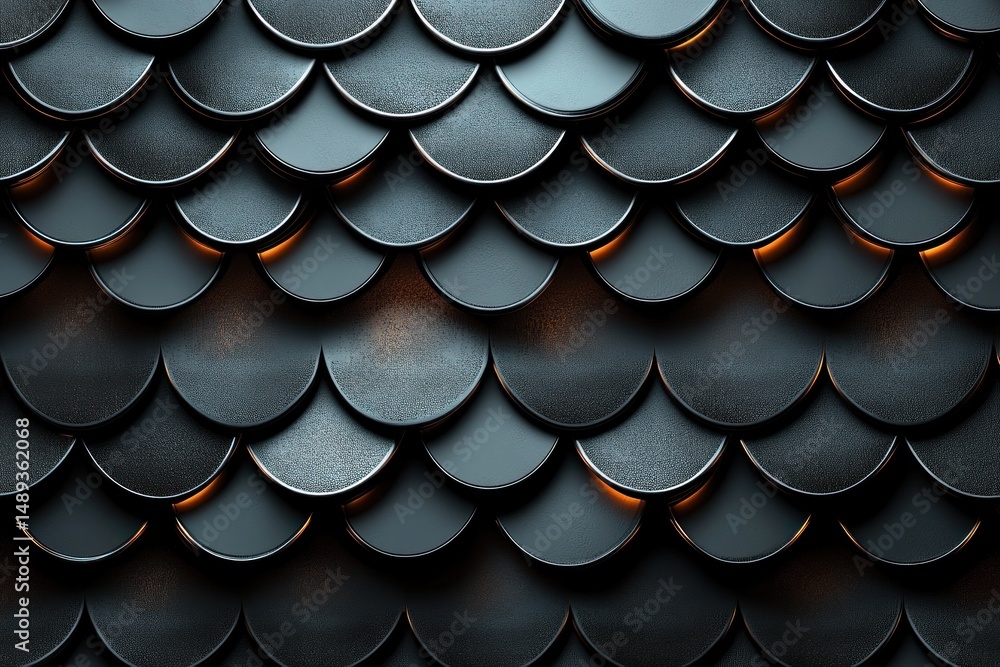 Close-up of overlapping dark metallic scales with a textured surface and subtle orange highlights creating a fish scale or armor pattern Close-up of overlapping dark metallic scales with a textured surface and subtle orange highlights creating a fish scale or armor pattern