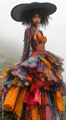 Elegant model in vibrant, multi-colored dress under a dramatic wide-brimmed hat in a misty outdoor setting