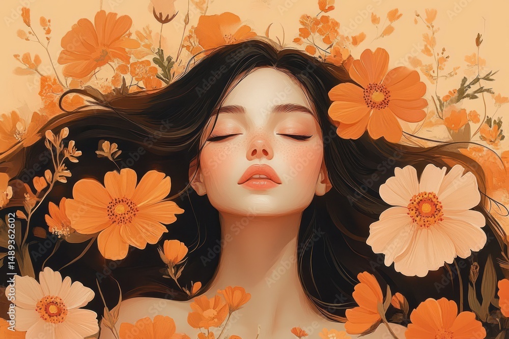 Serene woman with closed eyes surrounded by vibrant orange and cream flowers with flowing dark hair creating a peaceful and dreamy atmosphere Serene woman with closed eyes surrounded by vibrant orange and cream flowers with flowing dark hair creating a peaceful and dreamy atmosphere
