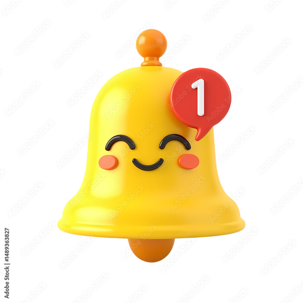 A yellow cartoon bell with a smiling face and a red notification bubble isolated on transparent background A yellow cartoon bell with a smiling face and a red notification bubble isolated on transparent background