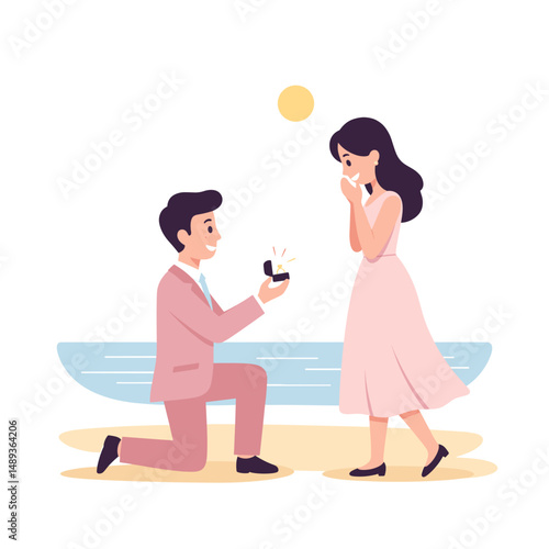Man proposing with ring to surprised woman on beach during daytime  