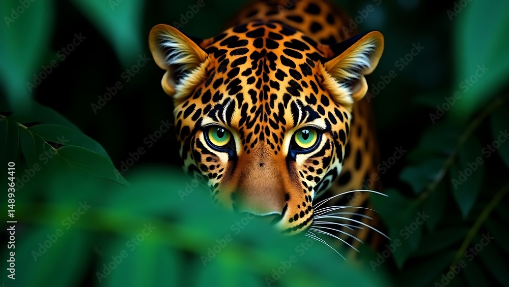 Obraz premium Portrait of a jaguar in the jungle with green eyes wildlife photography animal predator big cat nature 4k hd 
