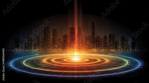 Wallpaper Mural Futuristic city skyline with glowing circles. Abstract Futuristic Business Background Torontodigital.ca