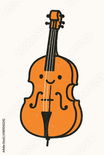 Cartoon double bass illustration with a smiling face in orange color  