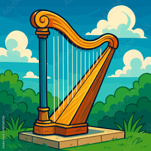 Elegant harp positioned against a vibrant blue sky and lush greenery  