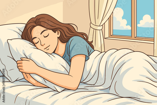 Young woman sleeping peacefully in bed with sunlight streaming in  