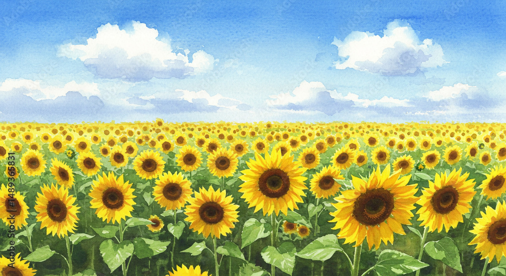 Fototapeta premium Sunflowers field painting in yellow tones, for summer backgrounds