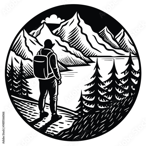 Solo Hiker Admiring Stunning Lake View from Mountaintop