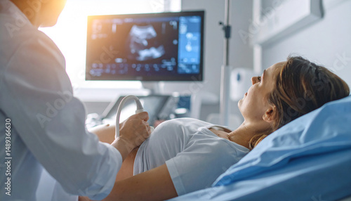 Prenatal Ultrasound Examination: A close-up, professional shot reveals a pregnant woman undergoing a detailed prenatal ultrasound scan, highlighting the advanced medical technology