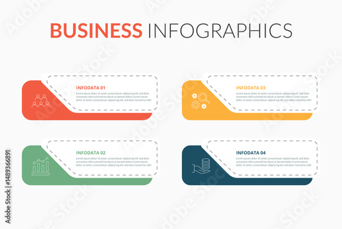 Minimalist 4 points template infographic outline style with 4 point step template with creative rectangle box with half edge badge for slide presentation