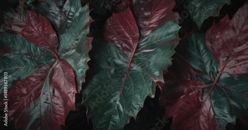 Deep emerald & burgundy leaves, intricate vein detail, high contrast , vibrant, luxury, burgundy