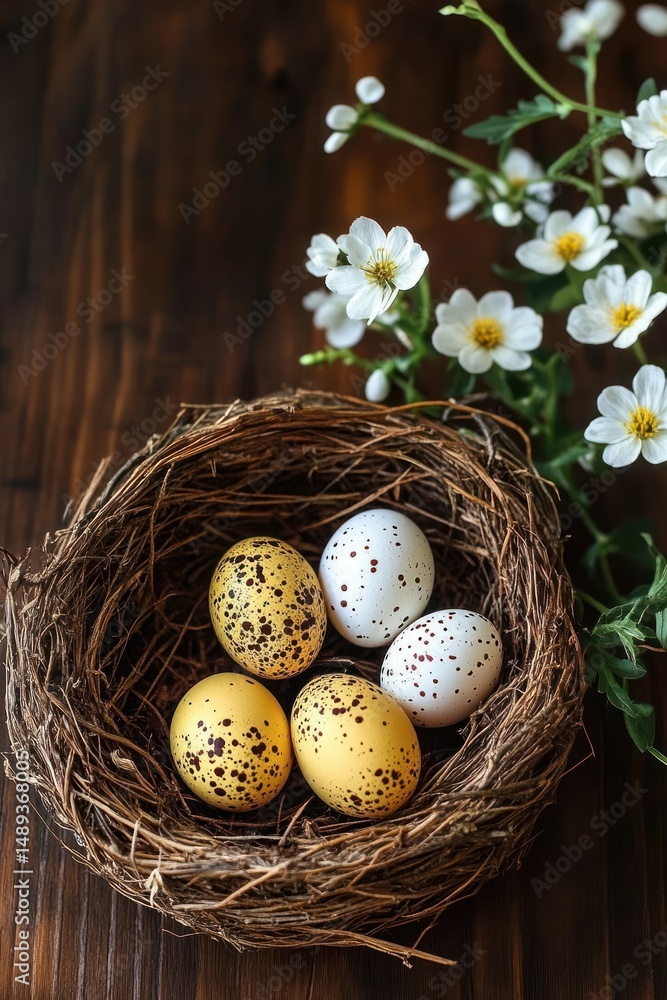 Obraz premium close-up of a bird's nest with five speckled eggs on a wooden surface near delicate white flowers with yellow centers