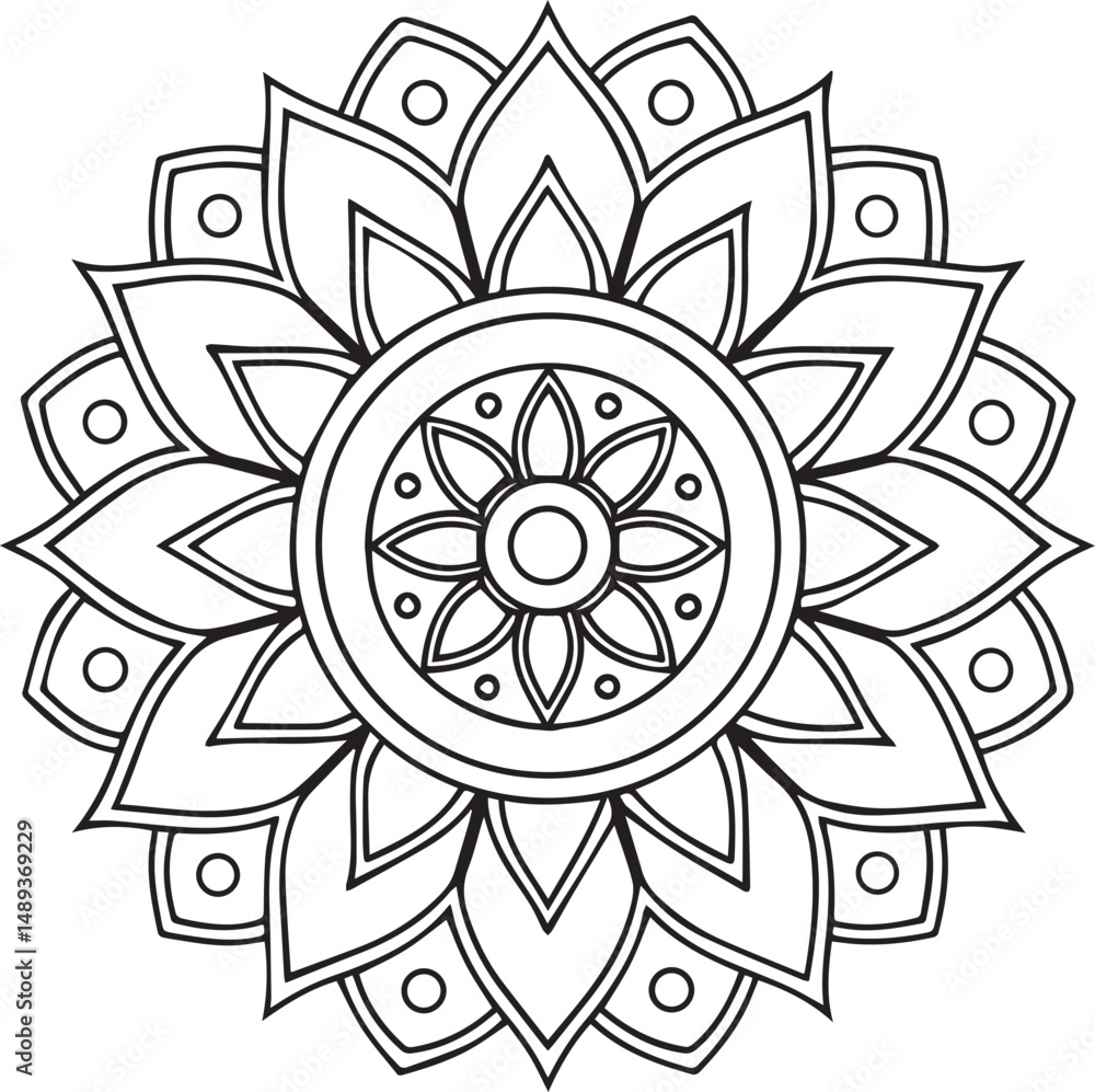 Flower Mandala Coloring Template – Intricate Symmetrical Pattern Flower Mandala Coloring Template – Intricate Symmetrical Pattern