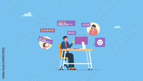 Customer support staff help solving customer problems. Customer service help solving problem, advice helpline or call center to support customer, operator to communicate with client provide solution.