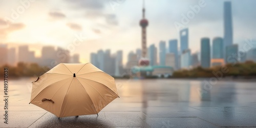 Refreshing Rainfall and the Comfort of an Umbrella Shelter, An umbrella rests on a wet surface, with a city skyline in the background during a cloudy day.