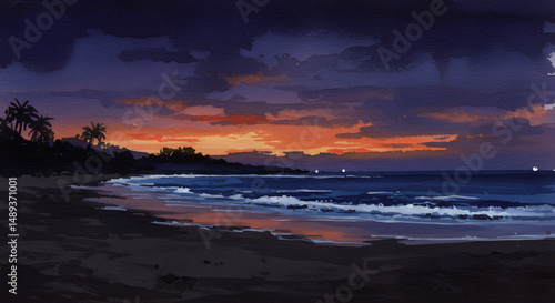 Dramatic Ocean Sunset Coastal Landscape Painting