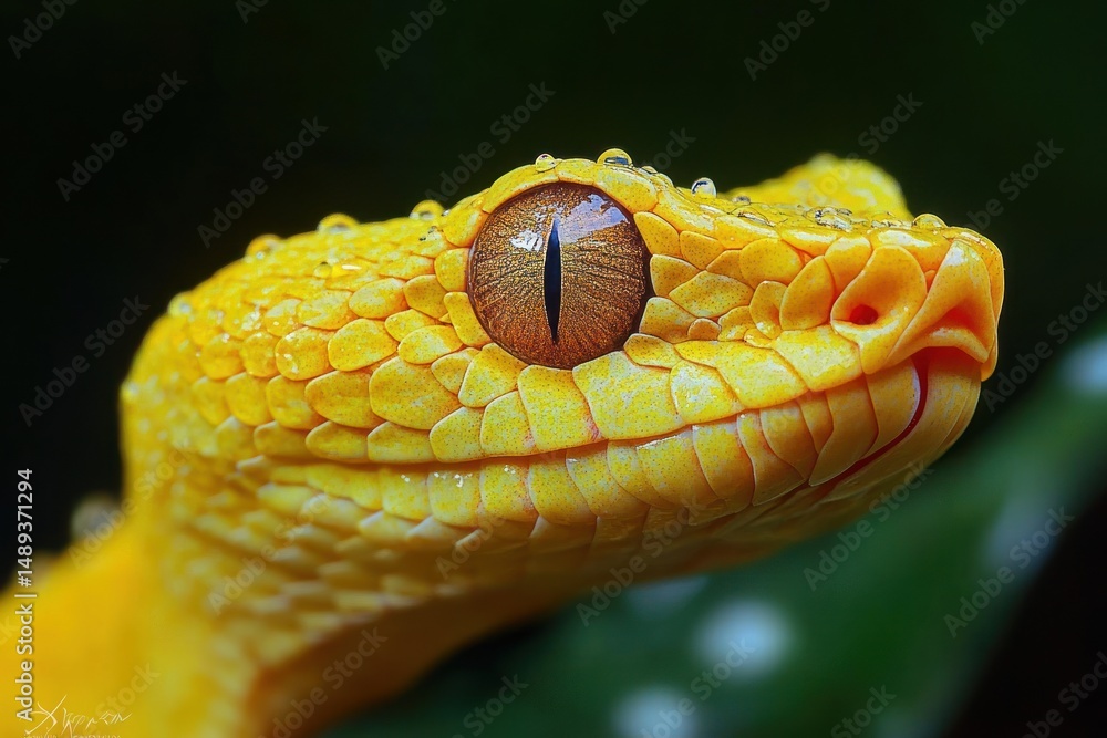 Fototapeta premium close-up of yellow snake head with textured scales and prominent vertical slit eye covered in water droplets against dark blurred background