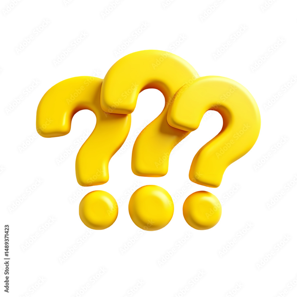 Three yellow question marks arranged in a row with in a studio shot style isolated on transparent background Three yellow question marks arranged in a row with in a studio shot style isolated on transparent background