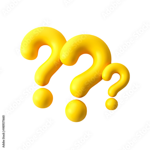 Three dimensional yellow question marks floating in a dark void with a minimalist aesthetic look isolated on transparent background