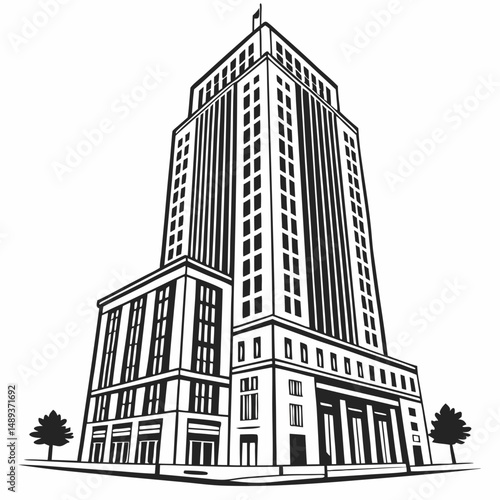 Tall city building architectural design black and white illustration