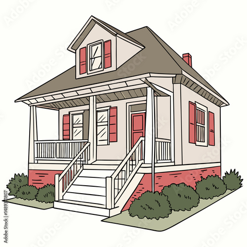 Charming suburban house with front porch and red shutters