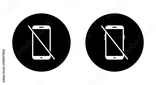 No mobile phone icon on black circle. Turn off cellphone sign symbol