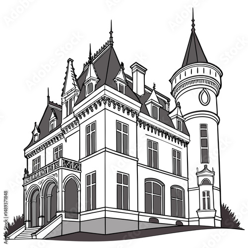 Grand victorian mansion architectural drawing black and white illustration
