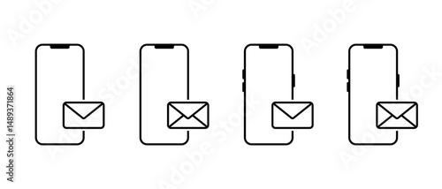 Smartphone with envelope message icon set. Email on mobile phone screen sign symbol