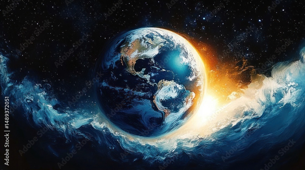 Obraz premium Vibrant view of Earth from space with bright sunlight illuminating the planet and dynamic swirling blue and white waves surrounding it against a starry backdrop