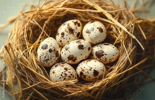 Close-up of a nest made of dry grass containing seven speckled eggs with brown spots on a creamy white background