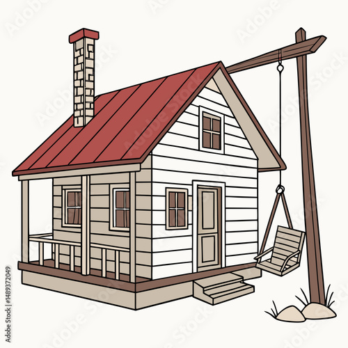 Cozy cabin with red roof porch swing and chimney