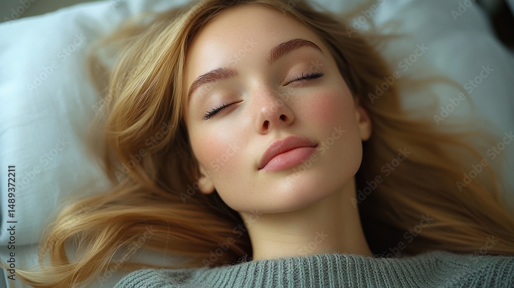 Fototapeta premium Peaceful young woman with closed eyes lying on a pillow with relaxed expression and long blonde hair spread out