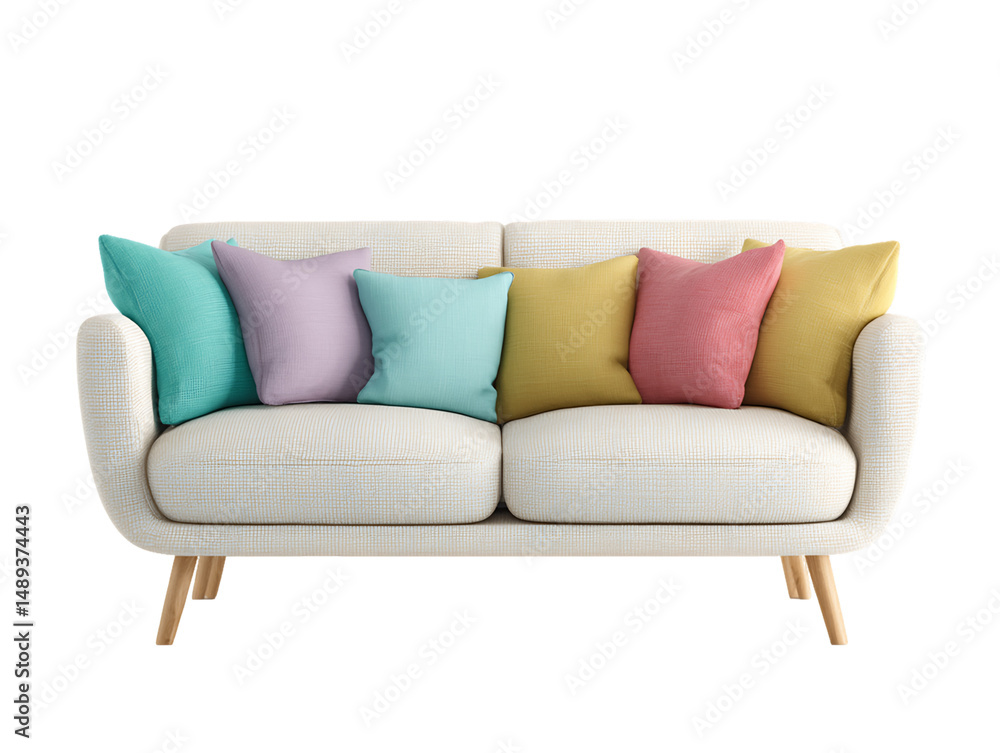 Fototapeta premium Beige Sofa with Pastel Pillows on Transparent Background, PNG