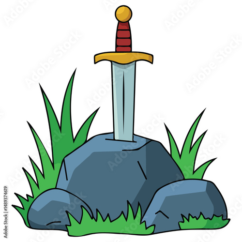 Legendary sword stuck in stone cartoon illustration