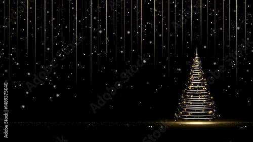A Christmas background, a Christmas tree made of golden lights and snowflakes falling, elegant and modern


