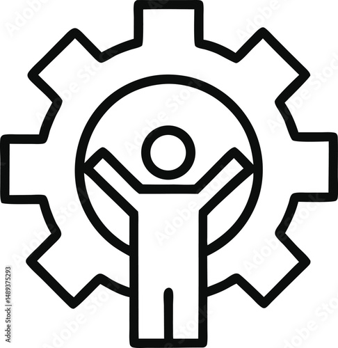"Line icon of person raising arms inside a gear, success optimization."
