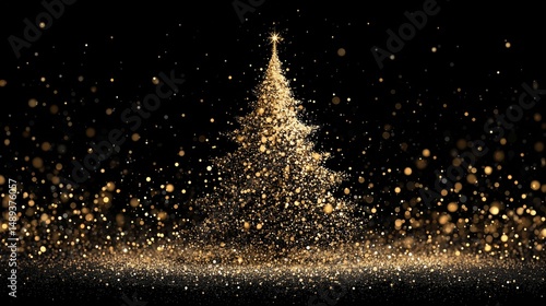 A Christmas background, a Christmas tree made of golden lights and snowflakes falling, elegant and modern

