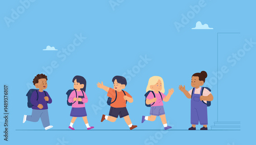 Vector illustration of happy and diverse kindergarten, elementary school children walking to school. Welcome back to school. The new academic semester year start