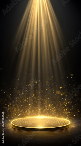 Golden podium with god rays light effect on a vertical black background for an award ceremony.