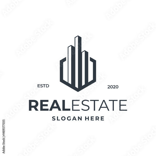 Free Download building with hexagon badge logo modern style, perfect for real estate, apartment, resident and construction logo design - GFXLoad