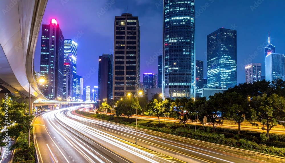 Obraz premium Captivating nighttime cityscape featuring vibrant light trails and modern architecture