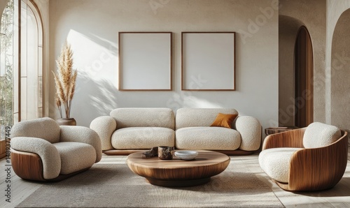 Modern and Cozy Living Room Interior with Textured Furniture and Natural Light Streaming Through Large Windows