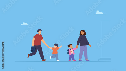 Vector illustration of parents take their children to school. Welcome back to school. The new academic semester year start.