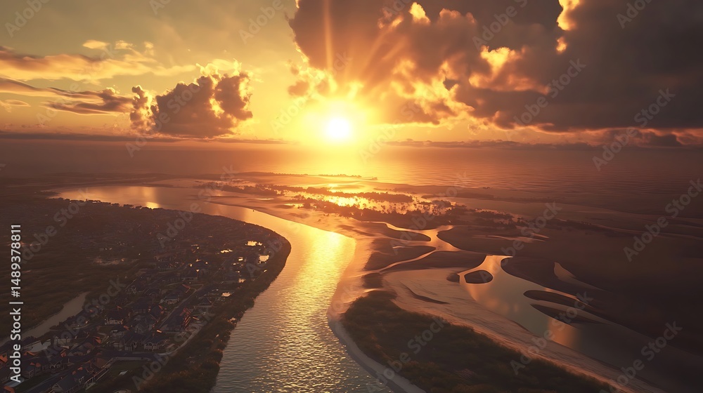 Fototapeta premium Golden Sunset Over Coastal Landscape with River, Clouds, Ocean and Neighborhood