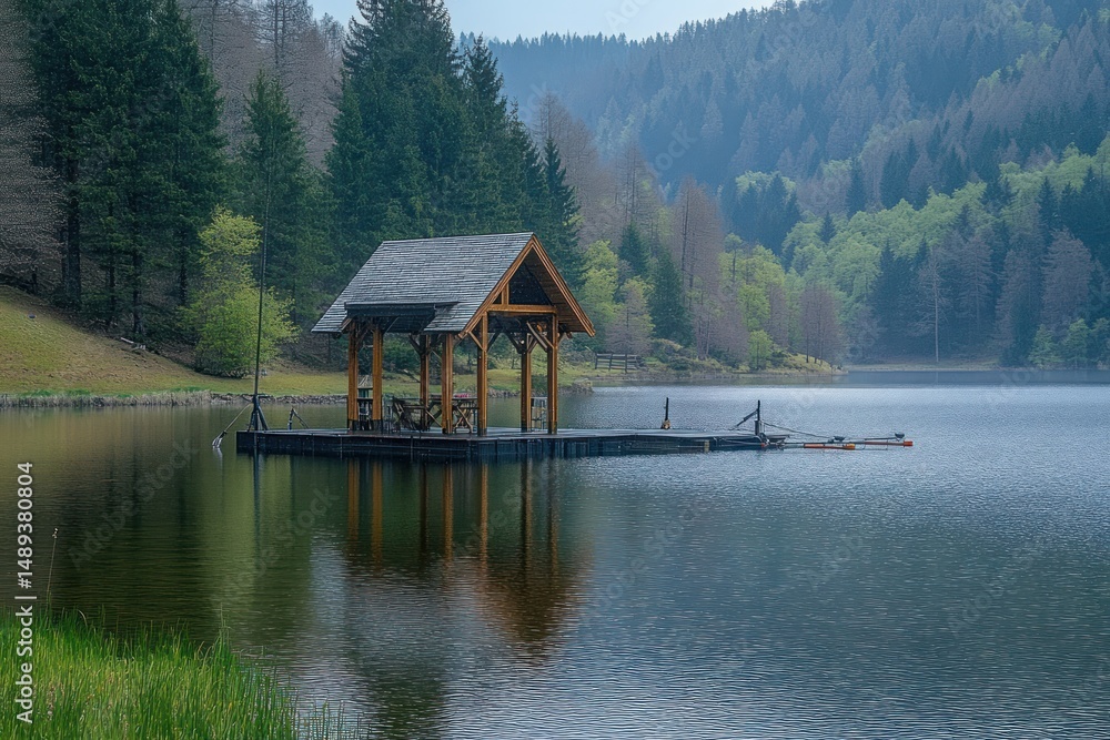 Naklejka premium Calm lake with wooden gazebo on floating dock surrounded by lush green and coniferous forest under soft daylight